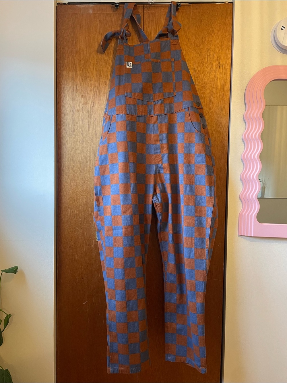 Lucy & Yak Checkerboard Tie-Strap Overalls - Blue & Brown - Picture 3 of 8